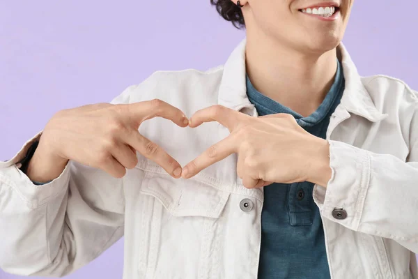 Young Man Making Heart His Hands Lilac Background Closeup — Stock Photo, Image