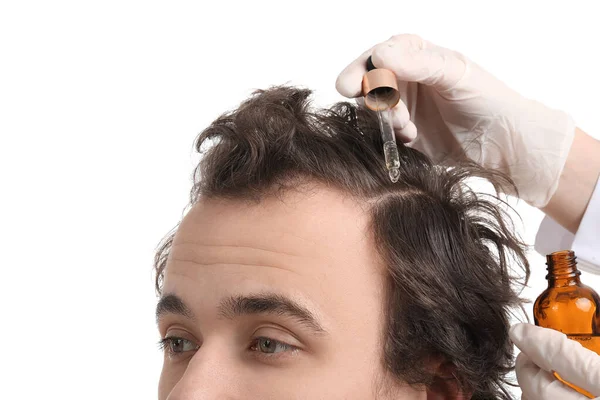 Young Man Receiving Serum Hair Growth White Background Closeup — Stock Photo, Image