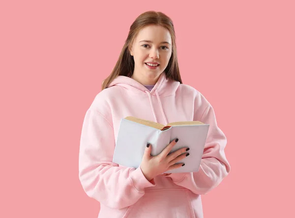 Teenage Girl Reading Book Pink Background — Stock Photo, Image
