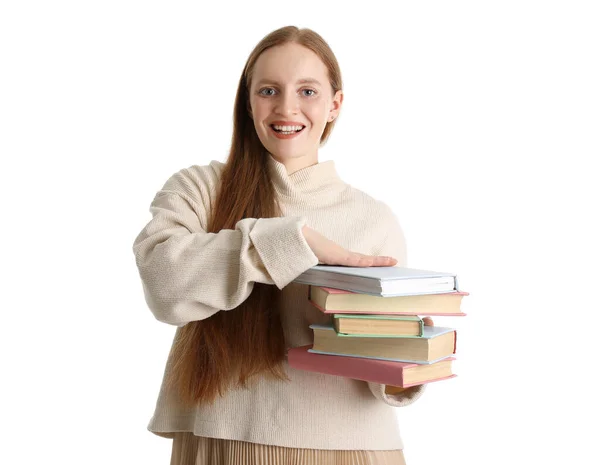 Jonge Vrouw Met Boeken Witte Achtergrond — Stockfoto