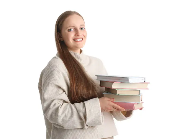 Молодая Женщина Книгами Белом Фоне — стоковое фото