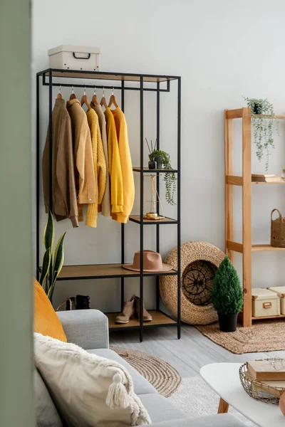 Interior Living Room Shelving Unit Clothes — Stock Photo, Image