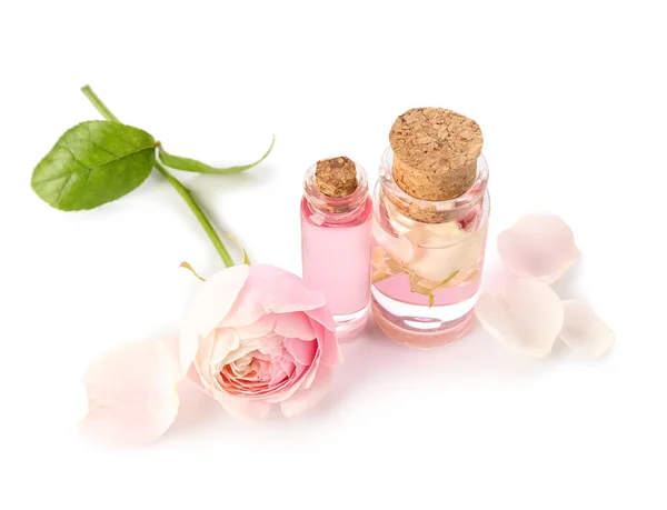 Bottles Cosmetic Oil Rose Extract Flower White Background — Stock Photo, Image