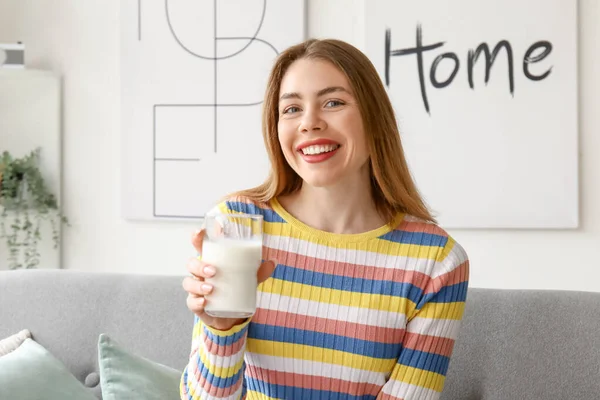 Young Woman Glass Milk Home — Stock Photo, Image