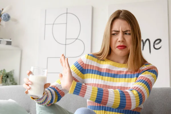 Displeased Young Woman Glass Milk Home — Stock Photo, Image