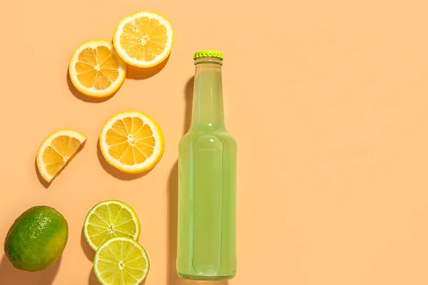 Composition Bottle Fresh Soda Lime Beige Background — Stock Photo, Image