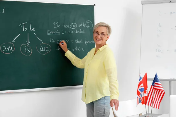 Profesora Escribiendo Gramática Inglesa Pizarra Aula — Foto de Stock