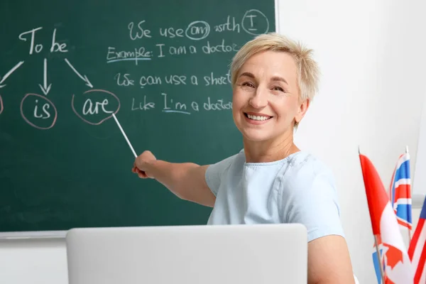 Vrouwelijke Leraar Engels Geeft Online Grammatica Les Klas — Stockfoto