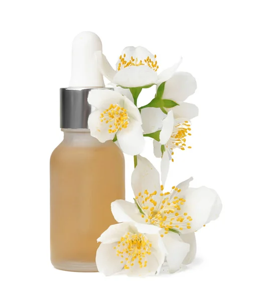 Bottle Essential Oil Beautiful Jasmine Flowers White Background — Stock Photo, Image