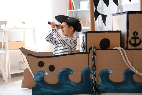 Cute Little Pirate Playing Spyglass Cardboard Ship Home — Stock Photo, Image