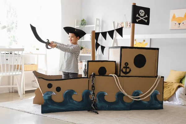 Cute Little Pirate Playing Sword Cardboard Ship Home — Stock Photo, Image
