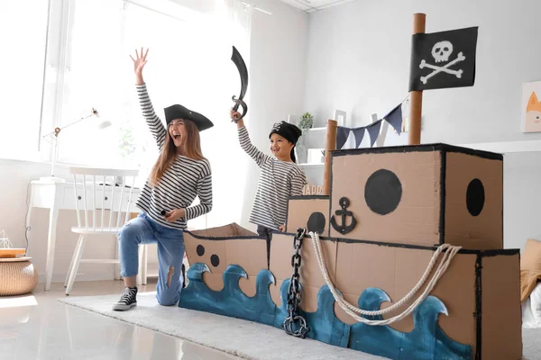 Cute Little Boy His Mother Dressed Pirates Playing Home — Stock Photo, Image