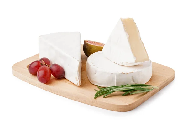 Ξύλινη Σανίδα Νόστιμο Τυρί Camembert Λευκό Φόντο — Φωτογραφία Αρχείου