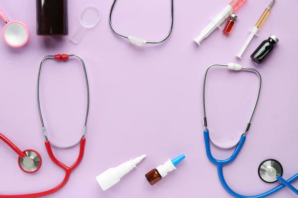 Medical Stethoscopes Nasal Drops Syringe Pink Background — Stock Photo, Image