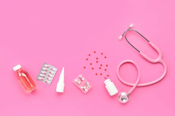 Stethoscope Pills Nasal Spray Pink Background — Stock Photo, Image