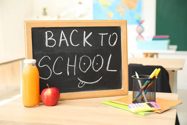 Lunch Stationery Blackboard Text Back School Desk Classroom — Stock Photo, Image