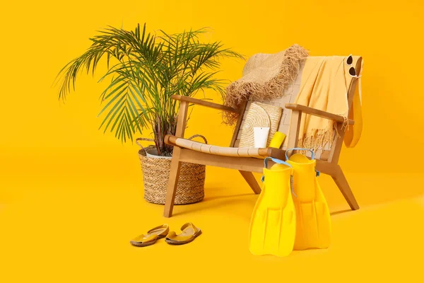 Chair Beach Accessories Sunscreen Cream Palm Tree Color Background — 스톡 사진
