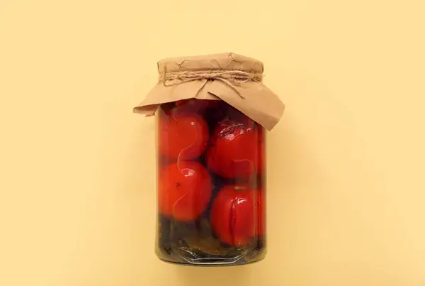 Jar Canned Tomatoes Beige Background — Stock Photo, Image