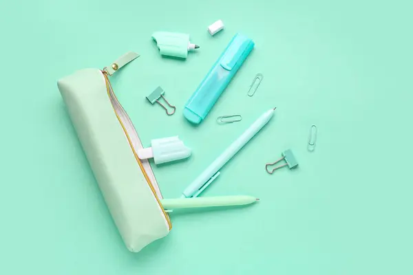 Pencil Case Different Stationery Turquoise Background — Stock Photo, Image