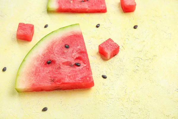 Composition Pieces Ripe Watermelon Yellow Background Closeup — Stock Photo, Image