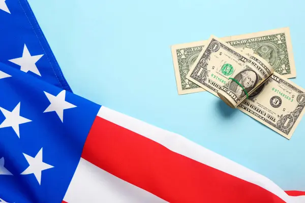 Flag Usa Dollar Banknotes Blue Background — Stock Photo, Image