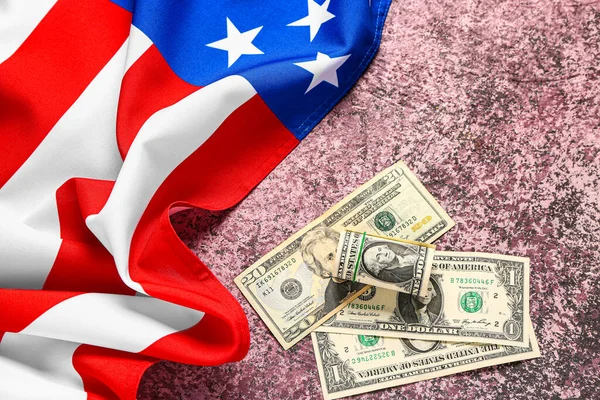 Flag Usa Dollar Banknotes Purple Background — Stock Photo, Image