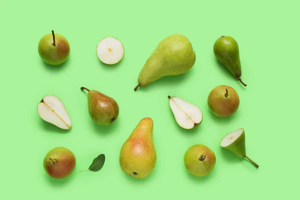 Different Types Ripe Pears Green Background — Stock Photo, Image