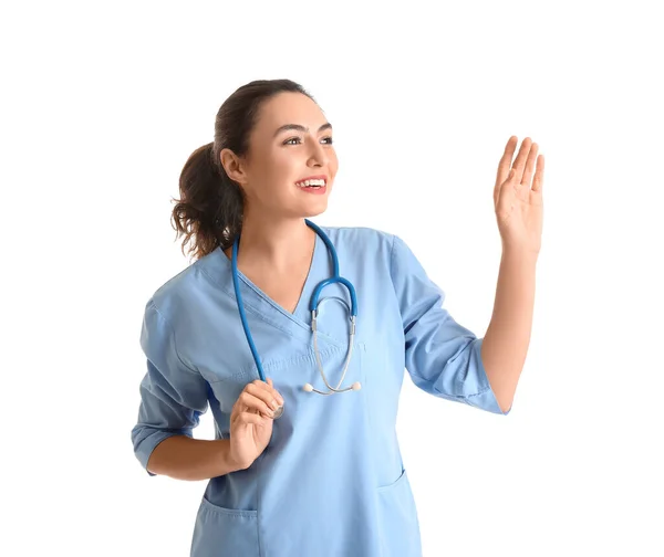 Female Medical Assistant Stethoscope White Background Stock Photo