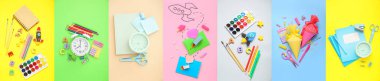 Alarm saatleri, koniler ve renk arkaplanlı roketler içeren okul kırtasiyesi kolajı