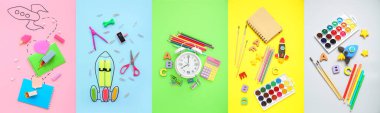 Alarm saati ve renk arkaplanlı roketler içeren okul kırtasiyesi kolajı