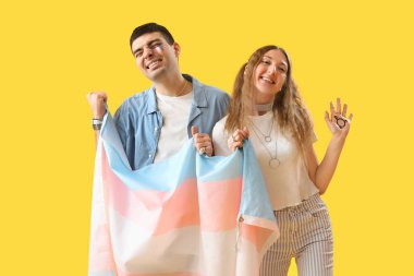 Young couple with transgender flag on yellow background