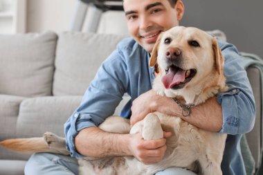 Evinde şirin Labrador köpeği olan genç adam, yakın plan.