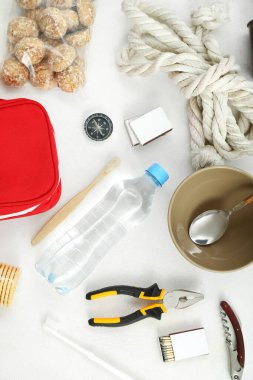 Beyaz arkaplanda acil durum çantası gereksinimleri