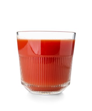 Glass of tasty tomato juice isolated on white background