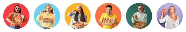 Набор Людей Вкусной Пиццей Белом Фоне — стоковое фото