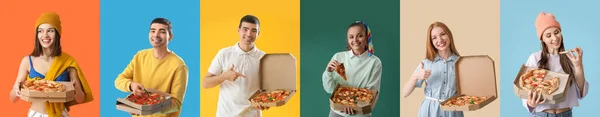 一组有着五颜六色背景的美味披萨的人 — 图库照片