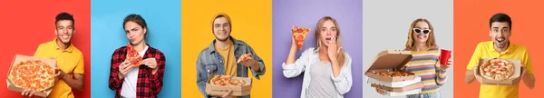 Conjunto Pessoas Com Pizzas Saborosas Fundo Colorido — Fotografia de Stock