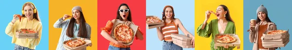 Renkli Arka Planda Lezzetli Pizzaları Olan Bir Grup Genç Kadın — Stok fotoğraf