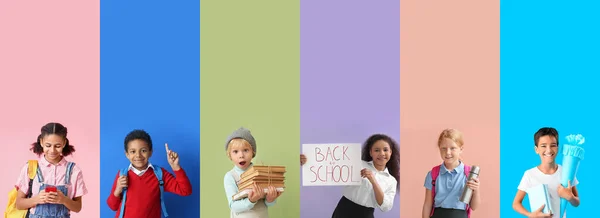 Kolaż Cute Uczniów Tle Koloru — Zdjęcie stockowe