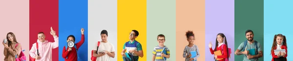 Zestaw Różnych Uczniów Tle Koloru — Zdjęcie stockowe