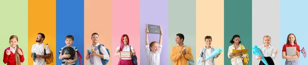 Collage Diferentes Alumnos Sobre Fondo Color —  Fotos de Stock