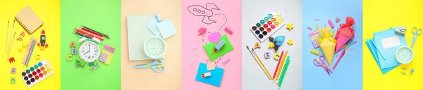 Collage Papelería Escolar Con Despertadores Conos Cohetes Sobre Fondo Color —  Fotos de Stock