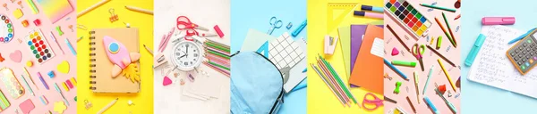 Collage School Stationery Backpack Alarm Clock Rocket Color Background — Stock Photo, Image