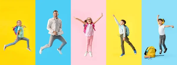 Collage Hoppande Elever Färg Bakgrund — Stockfoto