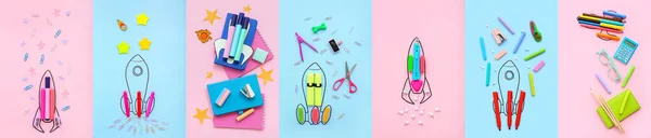Collage Cohetes Dibujados Papelería Escolar Sobre Fondo Color —  Fotos de Stock