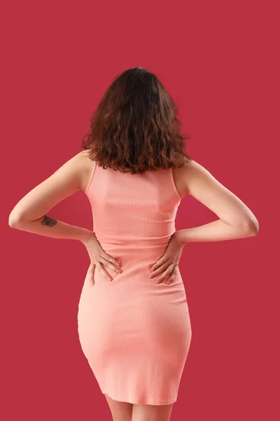 Attractive Young Woman Dress Pink Background Back View — Stock Photo, Image