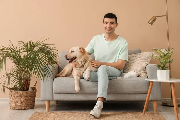 Jovem Com Seu Cão Labrador Sentado Sofá Casa — Fotografia de Stock