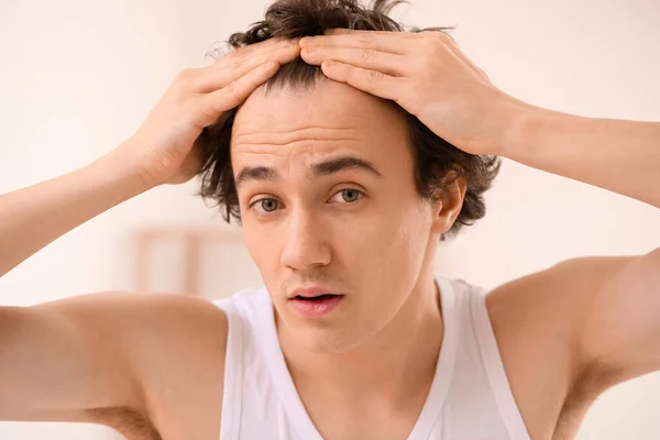 Young Man Hair Loss Problem Bathroom Closeup — Stock Photo, Image