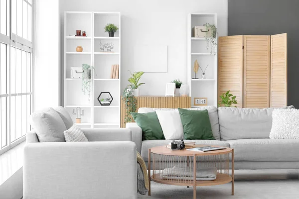 Interior Bright Living Room Cozy Grey Sofas Coffee Table — Stock Photo, Image