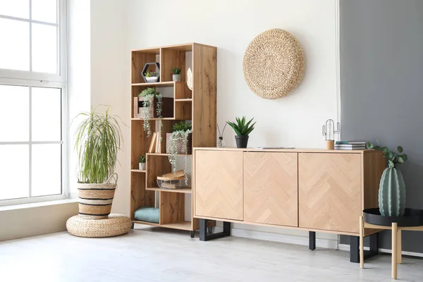 Wooden Cabinet Shelving Unit Interior Stylish Room — Stock Photo, Image
